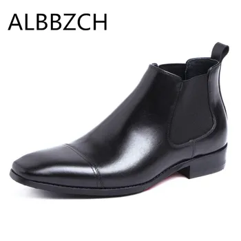 

Business dress genuine cow leather men boots pointed toe slip on mens ankle boots autumn winter shoes office work boots size 44