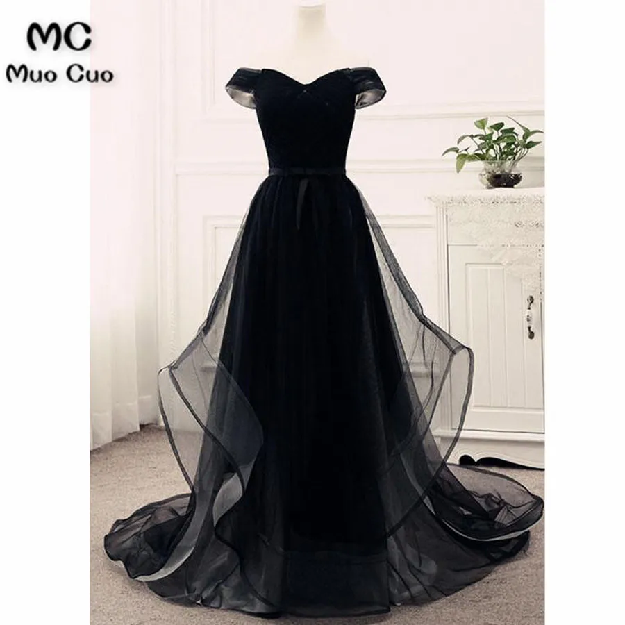Black Off-The-Shoulder Tulle A-line Long Prom Dress, Evening Dress Featuring Lace-Up Back