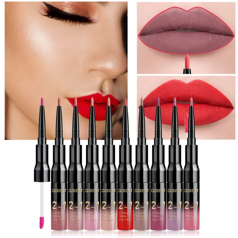 

Double Head Liquid Matte Lip Gloss & Lip Liner 2 in 1 Waterproof Nude Lipgloss Pen lip tint Makeup Cosmetics Recommend