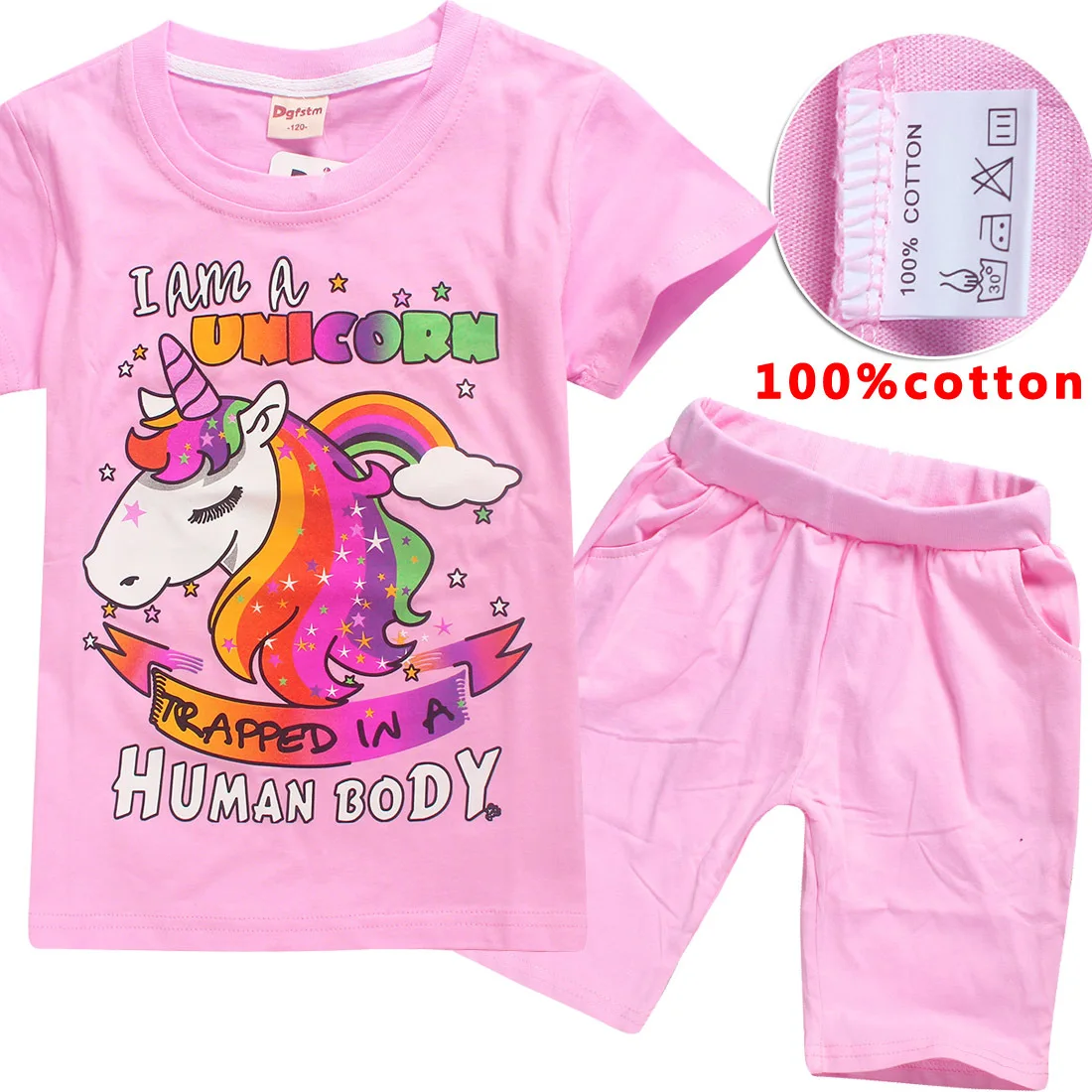 Детская одежда, хлопковый комплект для девочек, милые шорты с единорогом и короткими рукавами, спортивная одежда из двух предметов, летняя