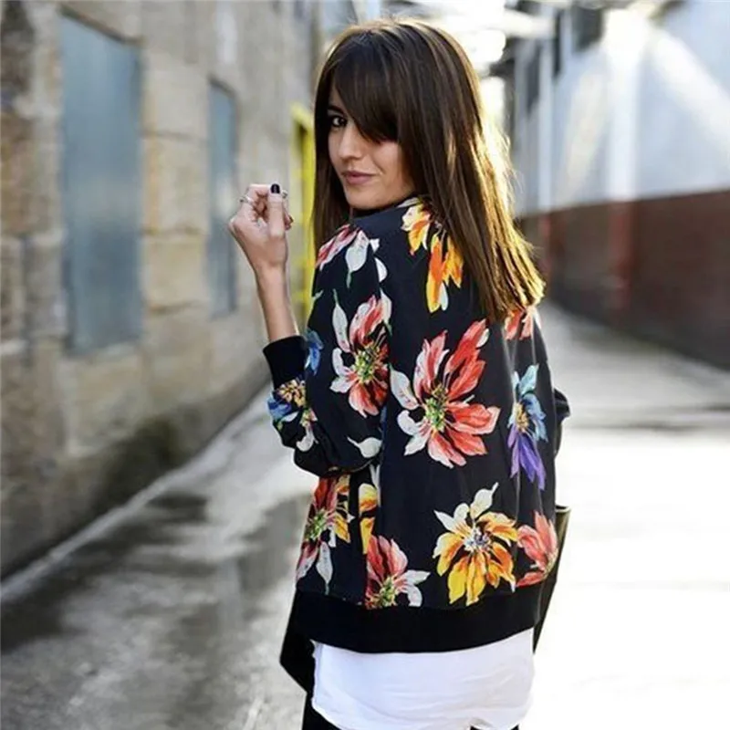 

Ladies Black Floral Print Long Sleeve Bomber Jacket Women Spring Autumn Coat Female Vintage Zipper Ethnic Jacket Basic Coat New
