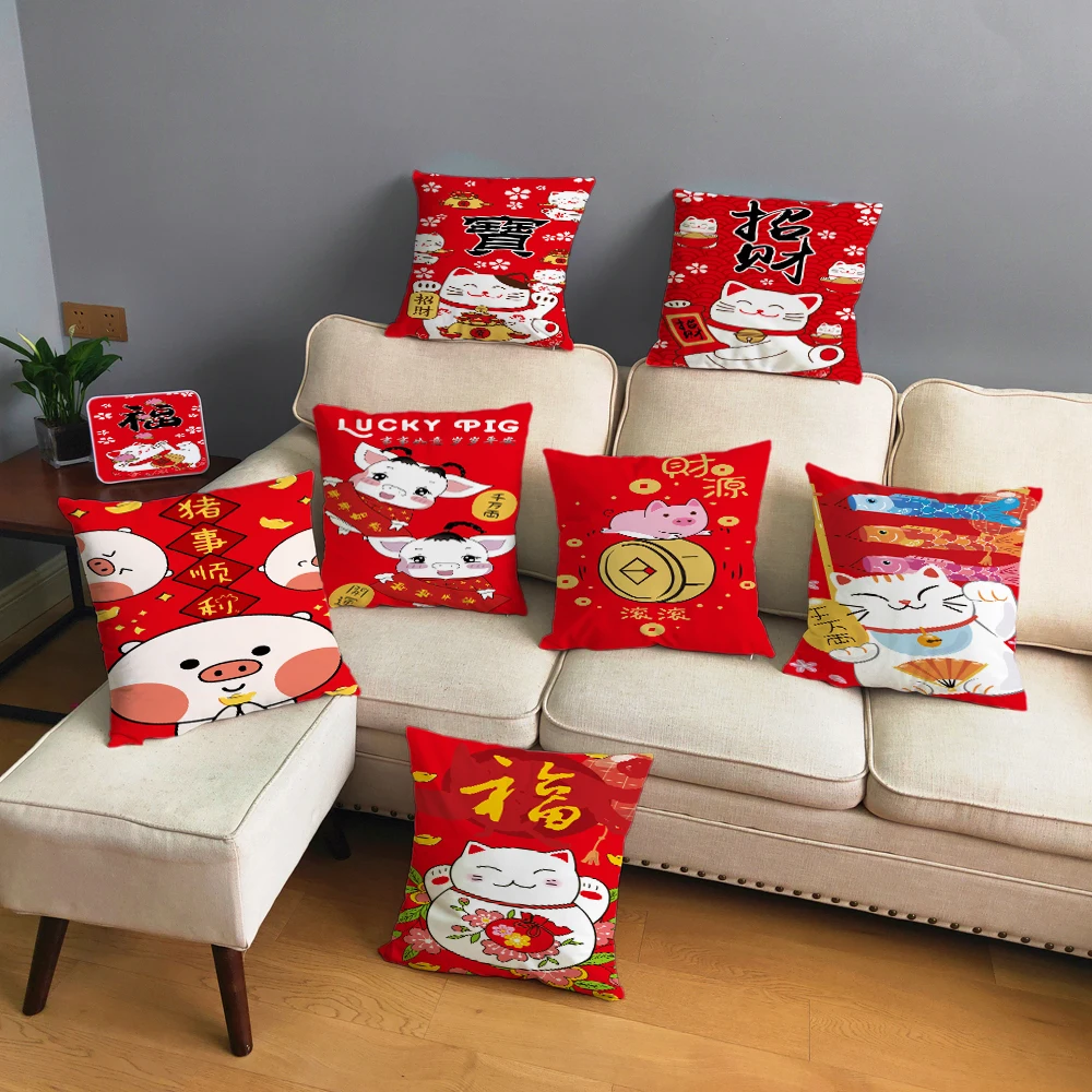 Super Soft Short Plush Cushion Cover Red 45*45cm Throw Pillow Covers Lucky Cat Print Pillows Cases Sofa Home Decor Pillowcase | Дом и сад