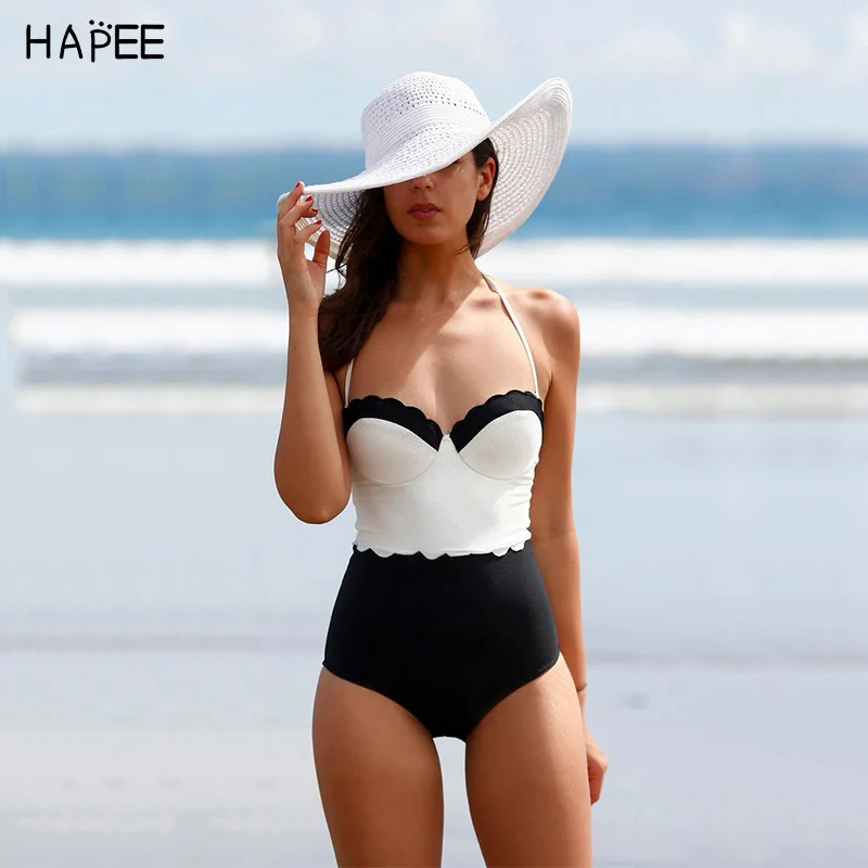 2017 Black White Halter Push up Swimsuit One Piece Swim Suit High Waist Swimwear Plus Size Bathing Suit Swimming Suit for Women plus-size-black-swimsuit : image 2017 Black White Halter Push up Swimsuit One Piece Swim Suit High Waist Swimwear Plus Size Bathing Suit Swimming Suit for Women plus-size-black-swimsuit