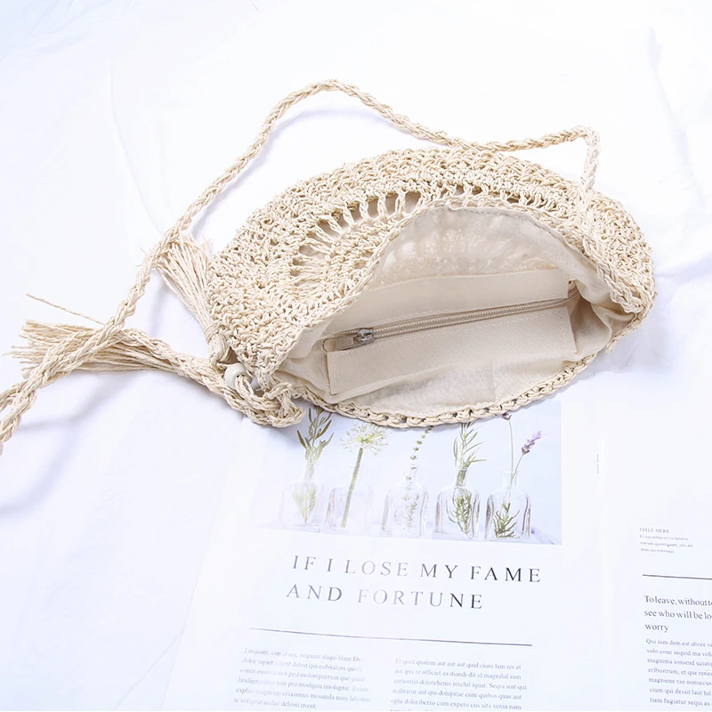 Handmade Bowknot Straw Crossbody Bag Women Hollow Woven Shoulder Bags Knitting Summer Beach Female Circle Tassel Handbags Purse