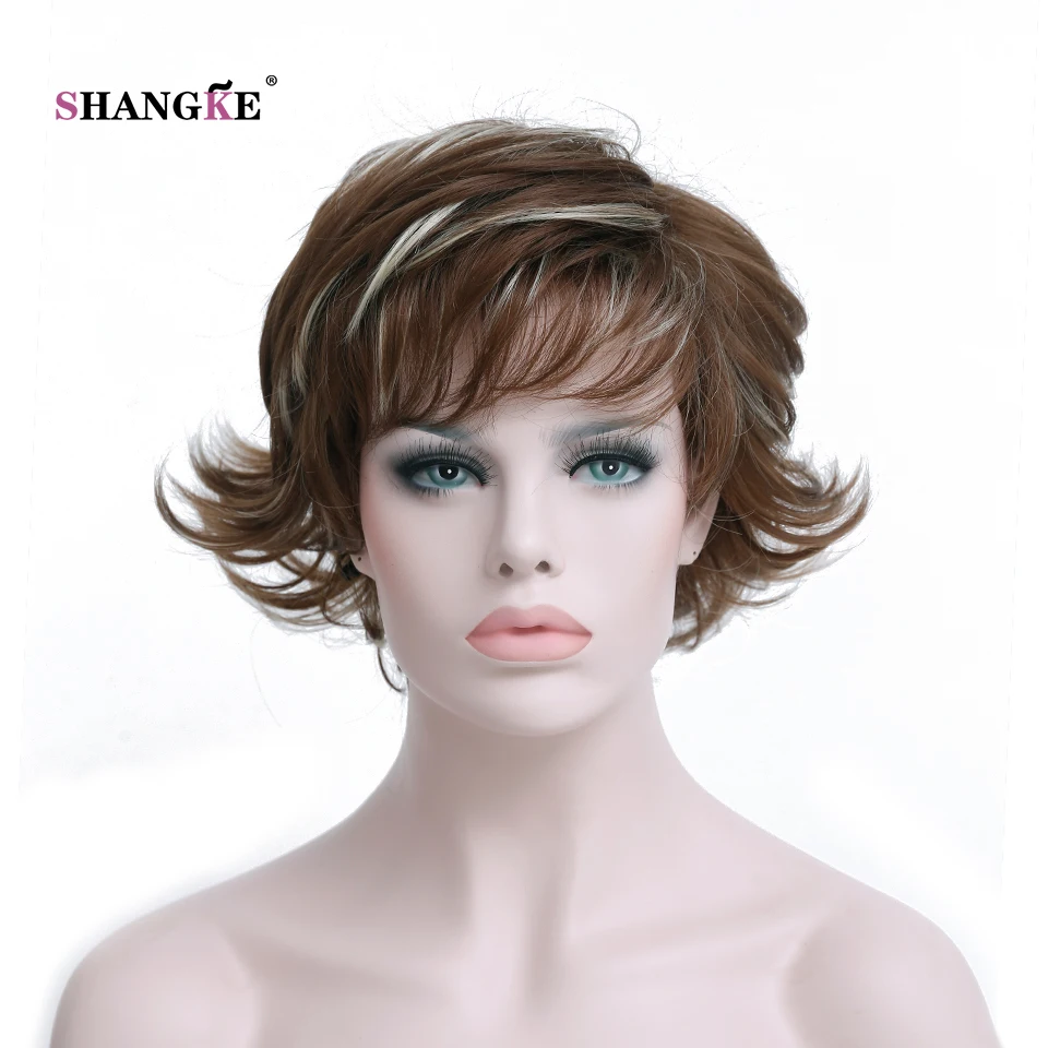 SHANGKE Hair Short Synthetic Wigs For Women Light Brown Wavy Wig Heat