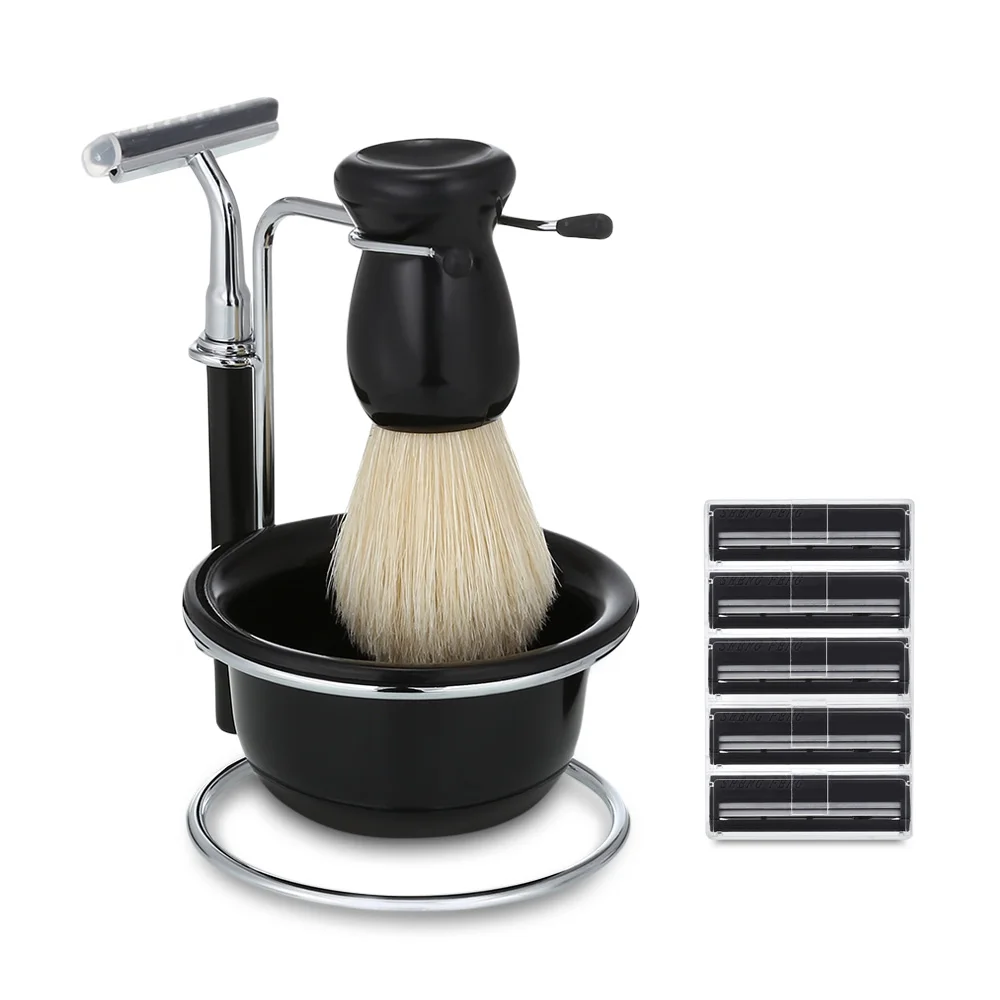 

Gustala Men Shaving Kit Badger Hair Brush Stand Holder Bowl Razor Facial Cleaning Tools