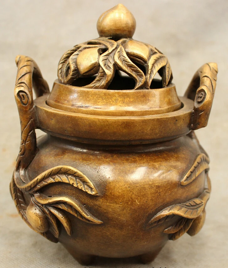 

song voge gem S4729 Chinese Bronze Longevity Shou Peach Leaf Statue Buddhism Incense Burner Censer
