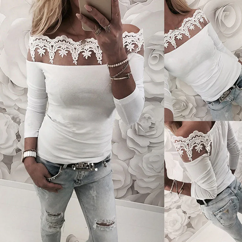 

Spring Sexy Off Shoulder Top Chiffon Blouse Women Long Sleeve Lace Patchwork Women Chiffon Shirts Slim Casual Blouses Blusas