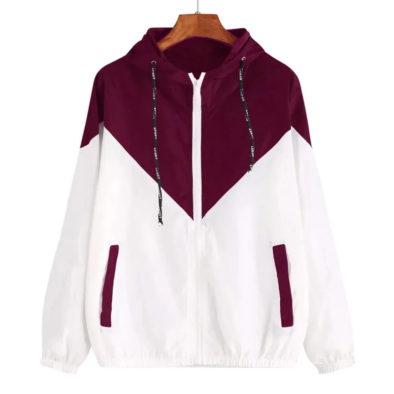 

MoneRffi Autumn Fashion Hooded Two Tone Windbreaker Jacket Zipper Pockets Casual Long Sleeves 2018 Feminino Coats Outwear Coat