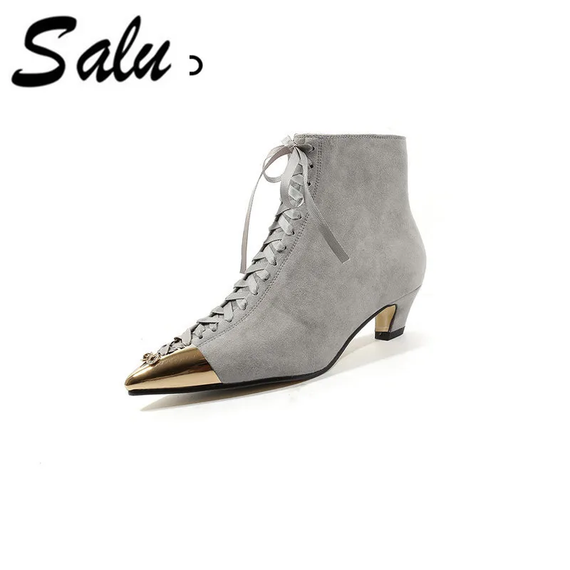 

Salu Winter Autumn Ankle Boots Woman Genuine Leather Pointed Toe thin Heel Booties Ladies