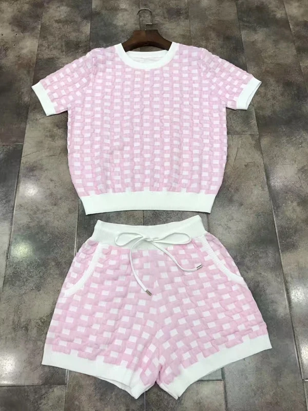 Desfile de roupas de marca 2017 primavera e no verão nova das mulheres camisa de manga curta com cordão shorts da manta de malha terno 617