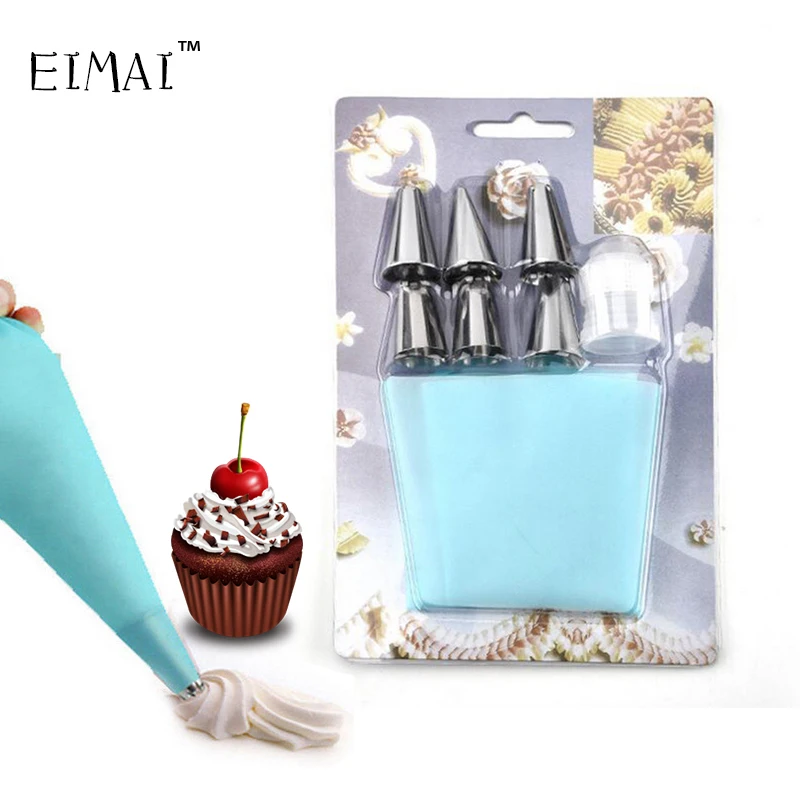 

EIMAI Cake Tools Silicone Icing Piping Cream Pastry Bag with 6Pcs Stainless Steel Nozzle Sets cookie DIY Dessert Decorator A12