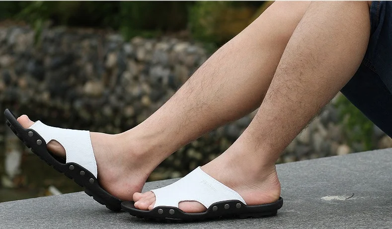 2018 New Men Genuine Leather Holiday Beach Shoes Flip Flops Men's Casual Flat Shoes Sandals Summer Slippers For Men (5)