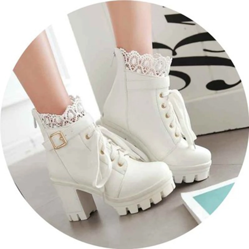 Short tube 2018 Spring Fashion Women Boots High Heels Platform Buckle Lace-up Leather Boot Black Ladies Shoes Good Quality NO132 Women's Shoes