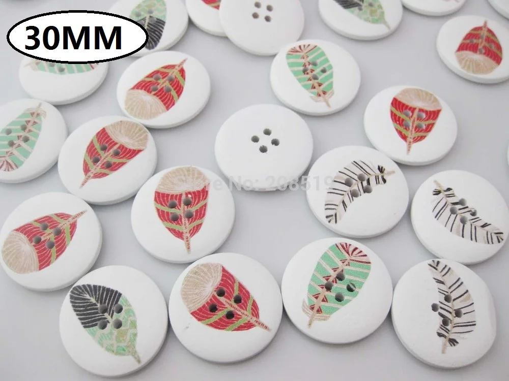 

WBNLLE 4 Holes 30MM Wood buttons 80pcs/lot multicolor Feather printed large button