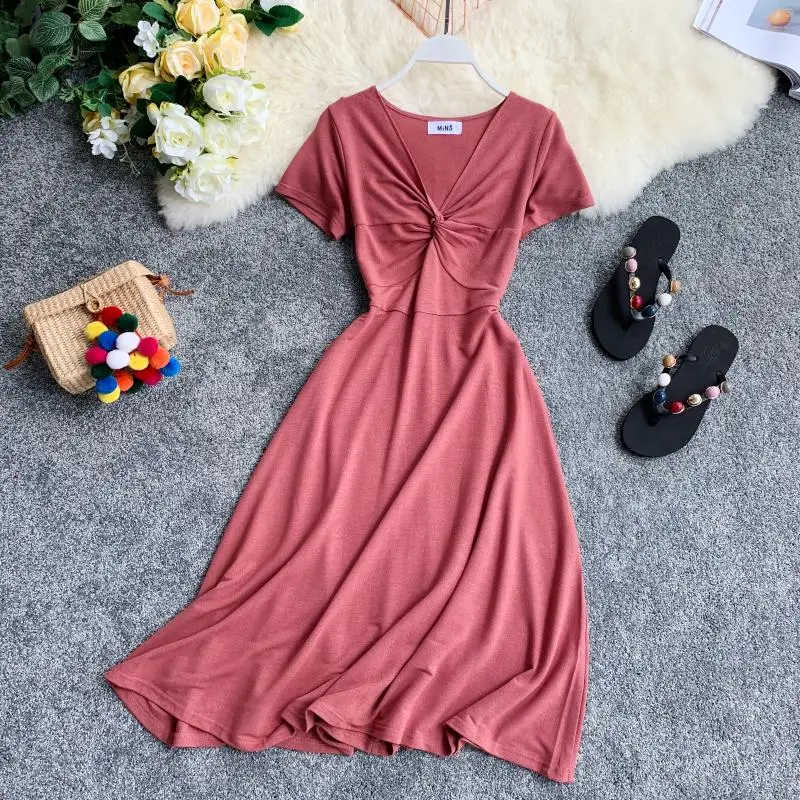 

Women Summer Basci Dress New 2019 Short Sleeve Slim Aline V-neck Bow Sexy Dresses Ladies Beach Style Casual Wear Robe Vestidos