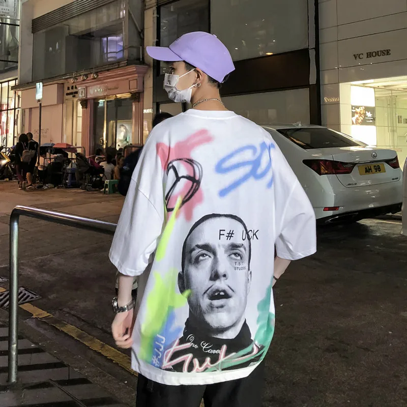 

YASUGUOJI New Summer Short Sleeve T-shirt Men Streetwear Loose T Shirt Mens T Shirts Fashion 2019 Character Graphic Tees Men