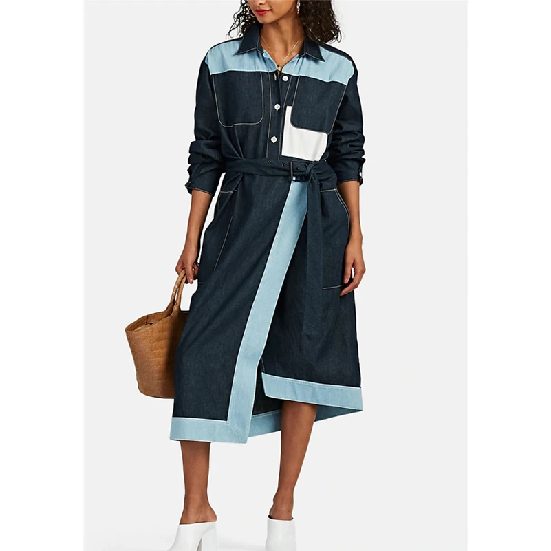 

AEL Long Sleeve Patchwork Dress Lace Up Split Elegant Long Casual Asymmetrical Women's Clothing With Belt Autumn Winter 2019