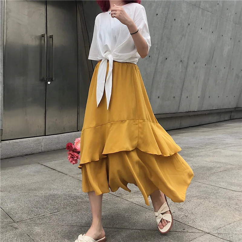 

[EWQ] 2019 Summer New Round Neck Short-sleeved Solid Color Versatile Shirt + Irregular Chiffon Skirt Women's Casual Suit QJ72501