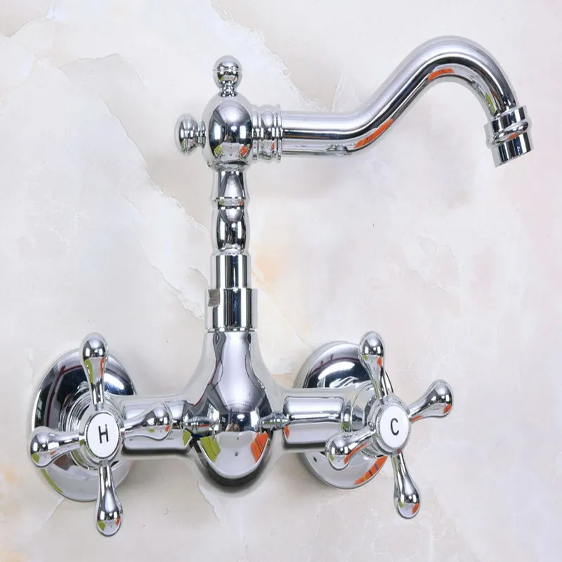 Polished Chrome Brass Wall Mounted Double Cross Handles Bathroom Kitchen Sink Faucet Mixer Tap Swivel Spout anf968