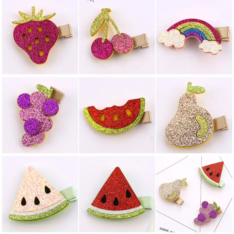 

10pcs/lot Red Glitter Cherry Hair Clip Fruit Felt Watermelon Grapes Girls Hairpin Pear and Rainbow Leather Hair Barrette