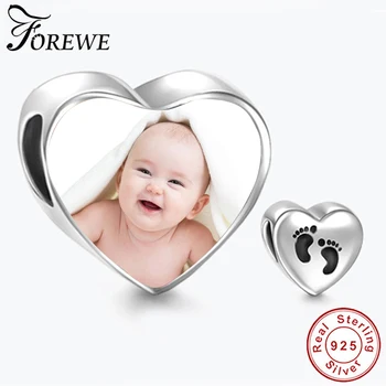 

Personalized Custom Photo 925 Sterling Silver Bead Heart-Shaped Baby Footprint Charm Fit Brand Bracelet Women DIY Fine Jewelry
