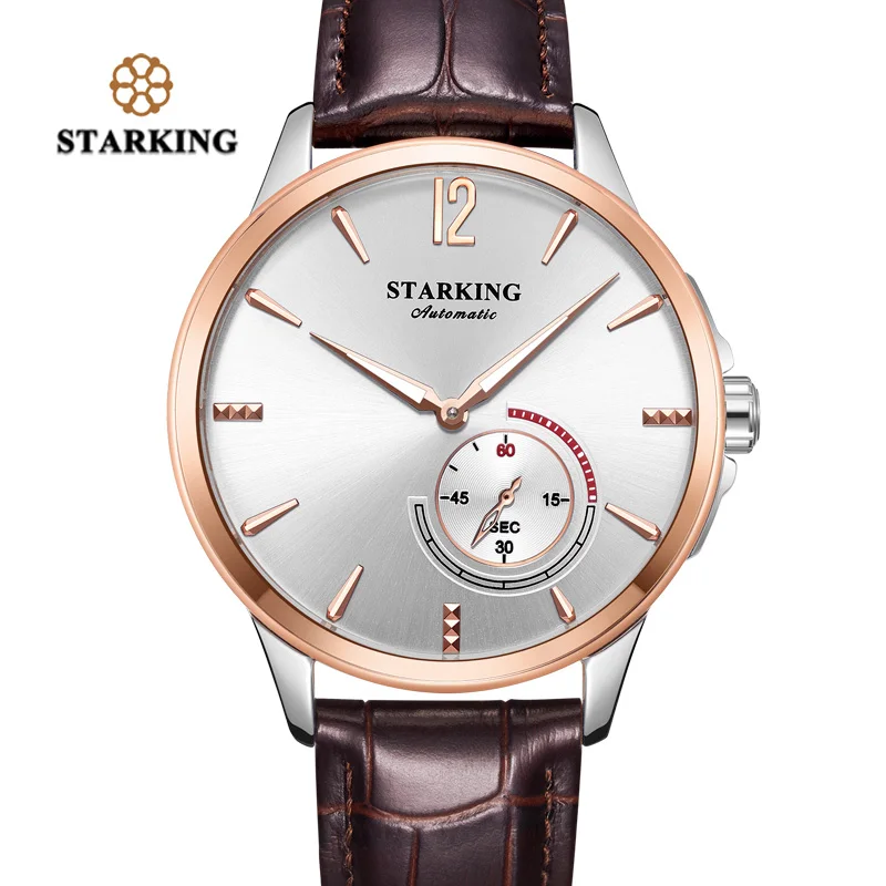 STARKING الفولاذ المقاوم للصدأ ميكانيكي ووتش الرجال التلقائي الكلاسيكية روز الذهب جلدية Mecanic ساعة معصم 5Bar المياه مقاومة AM273