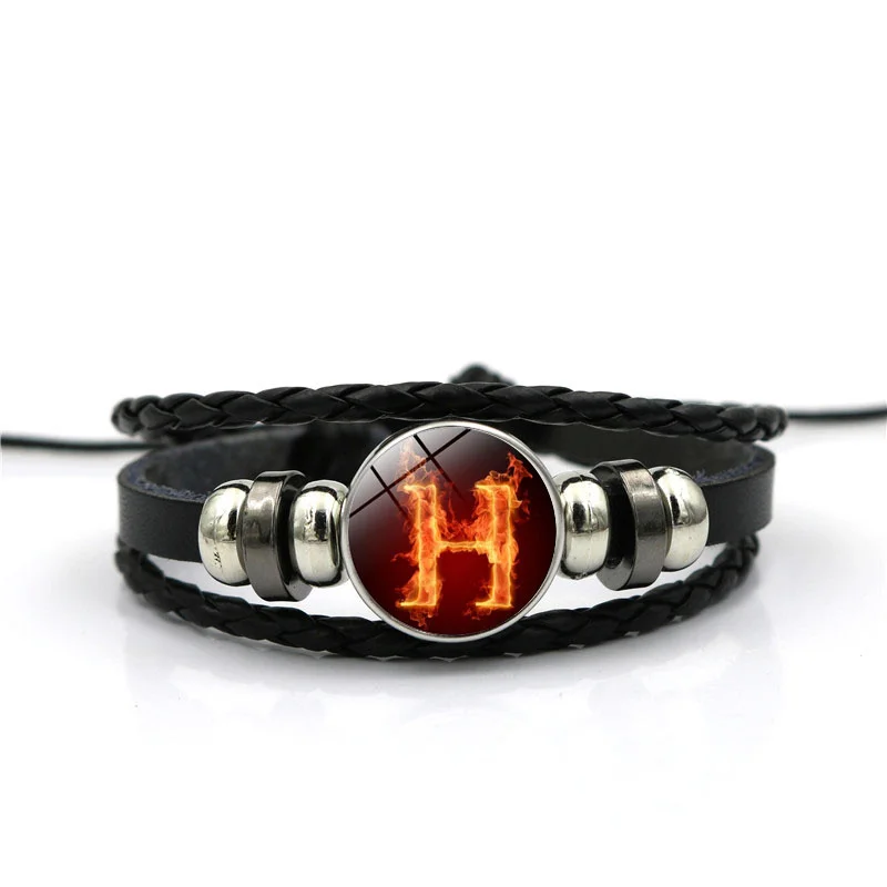 Flame A-M Letters Bracelet PersonalityTeam Name Rope Bracelet Black Leather Bracelet Men Women Fashion