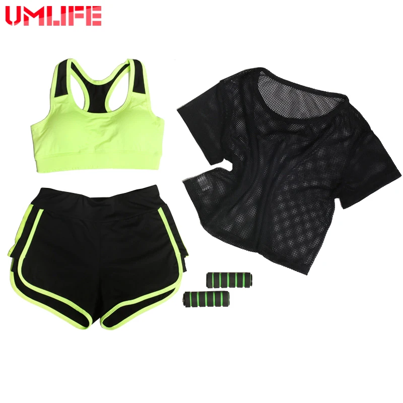 UMLIFE Комплект из трех предметов, женский костюм для йоги, сетчатые футболки+ бюстгальтер для йоги+ спортивные шорты, одежда для занятий фитнесом на открытом воздухе, комплект для занятий йогой