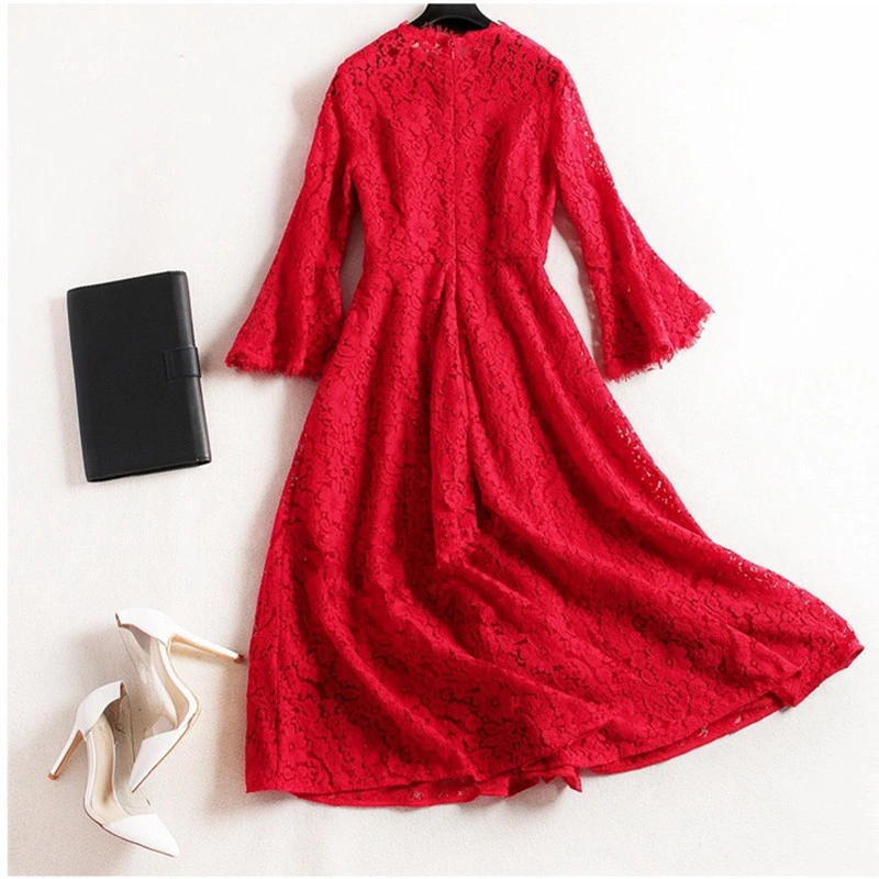 Red Lace Long Pagoda Sleeve O Neck Tea Length Party Dress One Piece Plus Size Vestido De Noche Turkish Dresses Saree 0516 Turkish Dresses Party Dresses Longlong Party Dress Aliexpress
