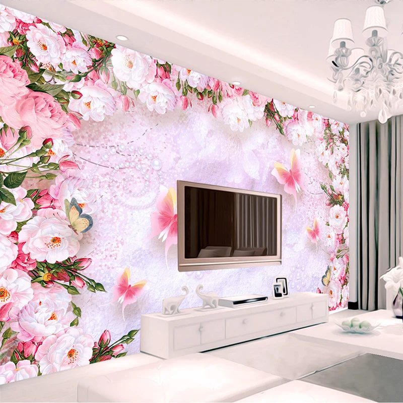 

Modern Romantic Pink Flowers Murals Wallpaper 3D Stereo Butterfly Pastoral Wall Cloth Wedding House Living Room Papel De Parede