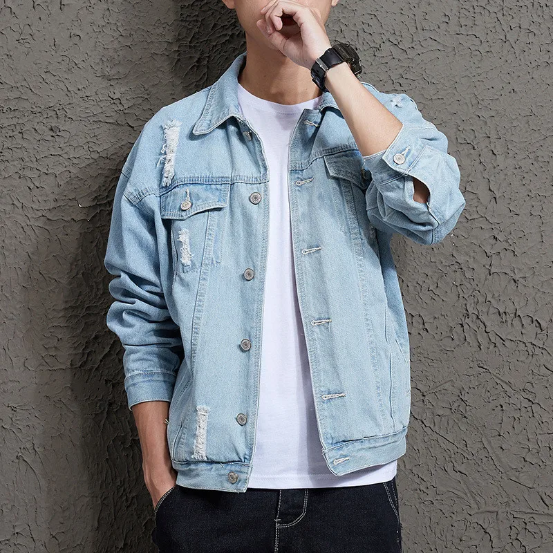 

New Autumn Solid Casual Slim Mens Denim Jacket Bomber Jacket Men Tearing Hole Cowboy Men's Jean Jacket Chaqueta Hombre