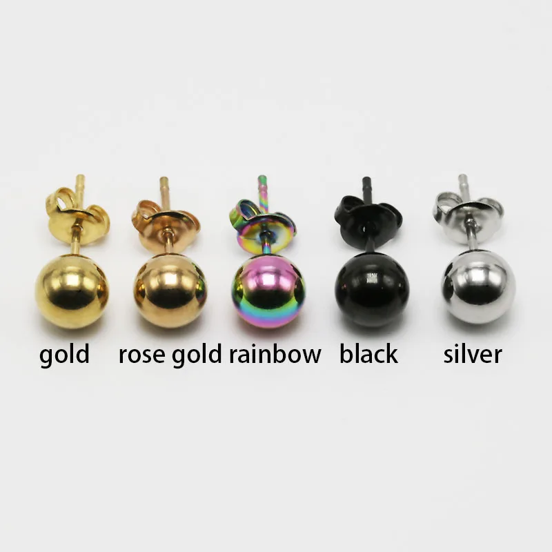 1Pair Fashion Ball Ear Studs Earrings Brincos Pendientes Stainless Steel 18G Silver Black Rose Gold Rainbow Anti-allergic Punk3