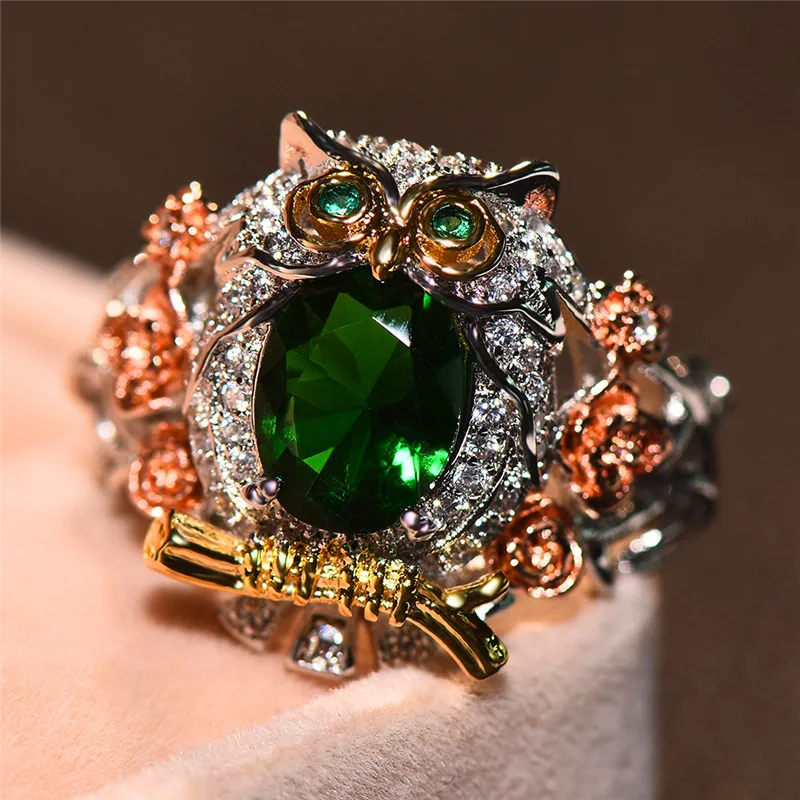 

Unique Female Big Owl Animal Ring Cute Fashion Silver Gold Crystal Green Stone Ring Vintage Large Wedding Rings For Women