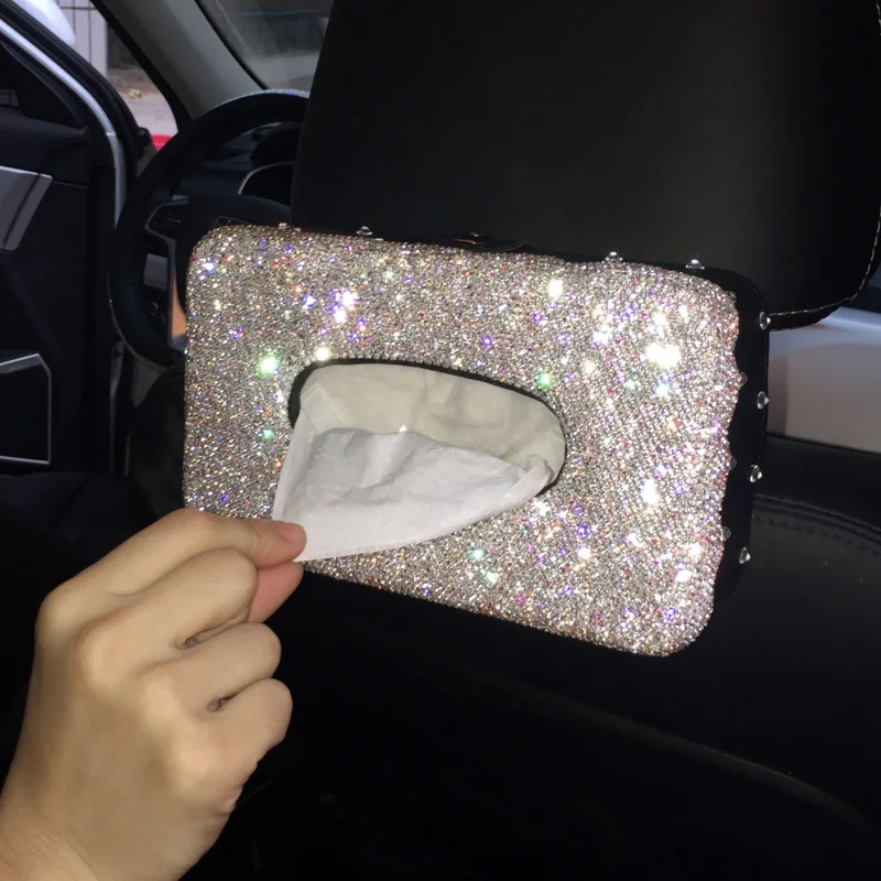 Car Back Seat Napkin Holder Bling Crystal Rhinestones Car Visor Tissue Box Case 