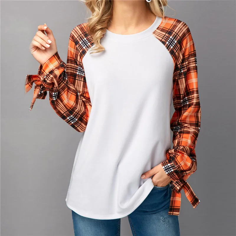 

2019 Spring Autumn Casual Long Sleeve O-neck T-shirts Women Plus Size XXL Plaid Patchwork Ladies Shirt Blusas Female White Tees