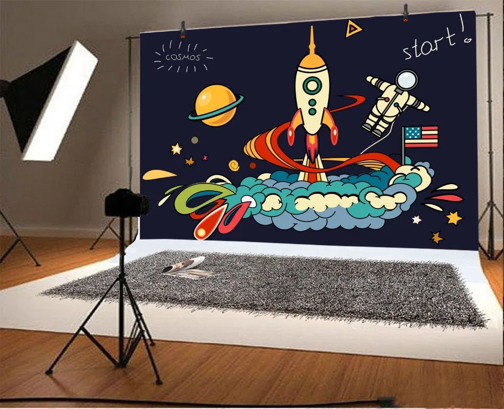 Laeacco Baby Party Comics Spaceship Rocket Astronaut Photography Backgrounds Customized Photographic Backdrops For Photo Studio