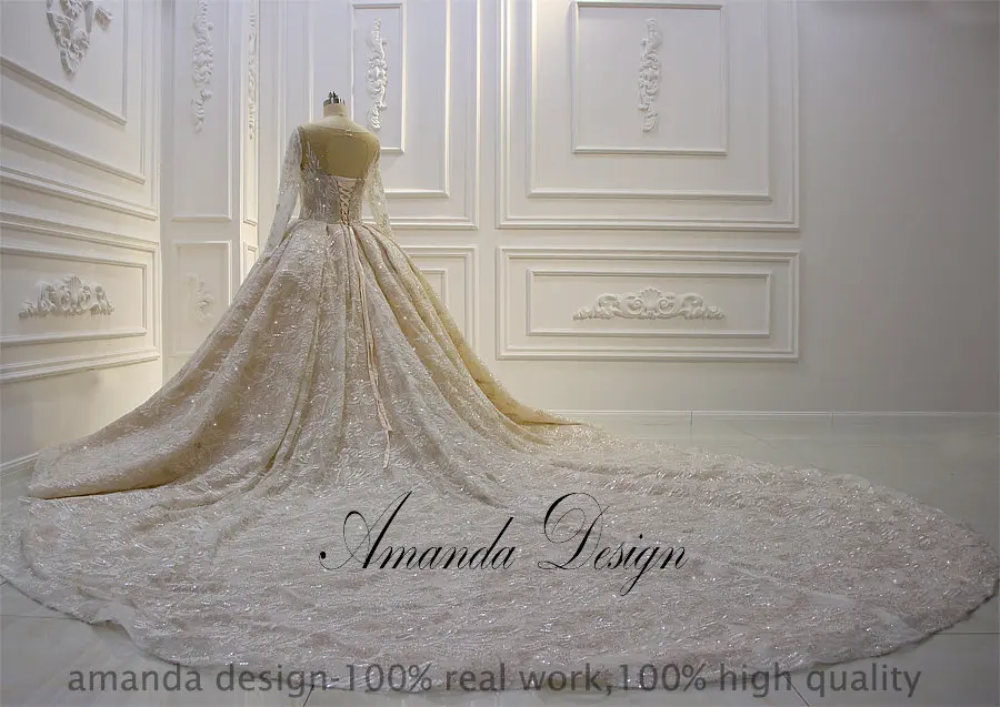 Amanda дизайн robe de princesse длинный рукав горный хрусталь кристалл шампанское роскошные кружево свадебное платье