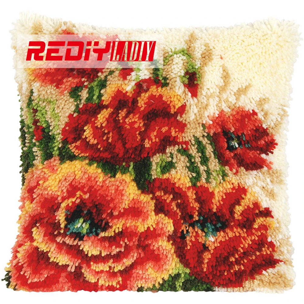 

REDIY LADIY Latch Hook Cushion Kits for Yarn Embroidery Pillow Case Sofa Home Decorative Red Poppies Pre-Printed Color Canvas