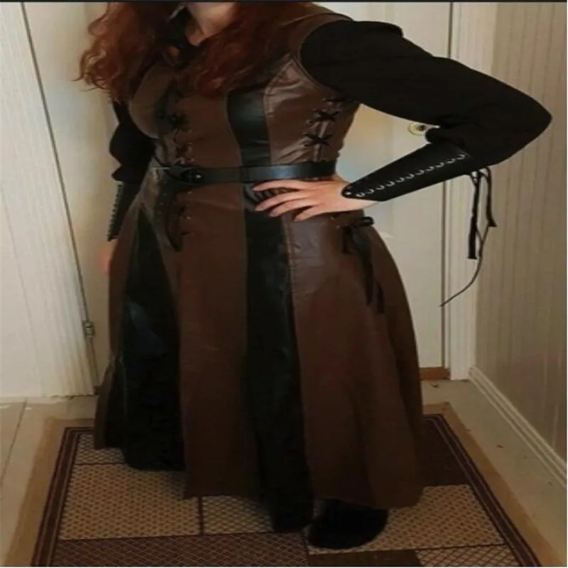 Женский костюм для косплея, Сексуальное Тонкое кожаное средневековое платье рейнджер, длинное платье, пальто без рукавов