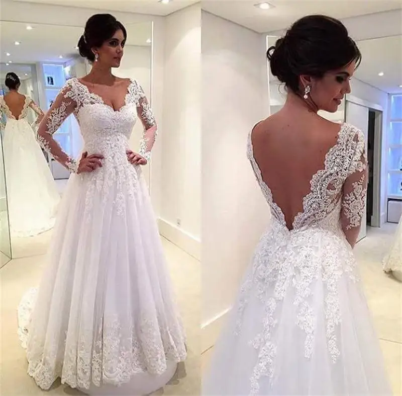 Vestido Де Novia 2017 Простой Белый Винтаж Свадебное Платье V-образным Вырезом Кружева