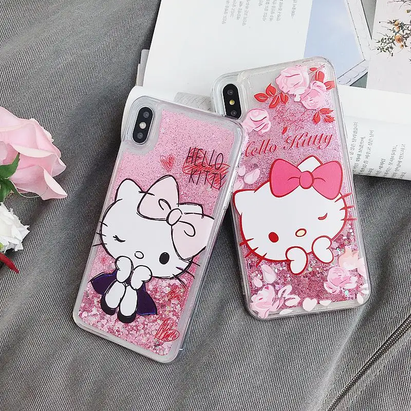 

Cute cartoon Hello Kitty dynamic liquid quicksand phone case for iphone 6 6s7 8 plus x xs max xr fashion flash hard shell cover