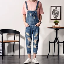 Men’s Denim Bib summer hole Siamese suspenders feet nine men and women couples retro jeans
