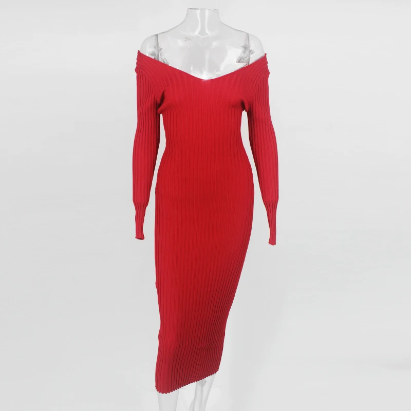 Tobinoone новинка осень зима сексуальное облегающее платье женское теплое платье-свитер женское трикотажное платье с открытыми плечами Vestidos - Цвет: Красный