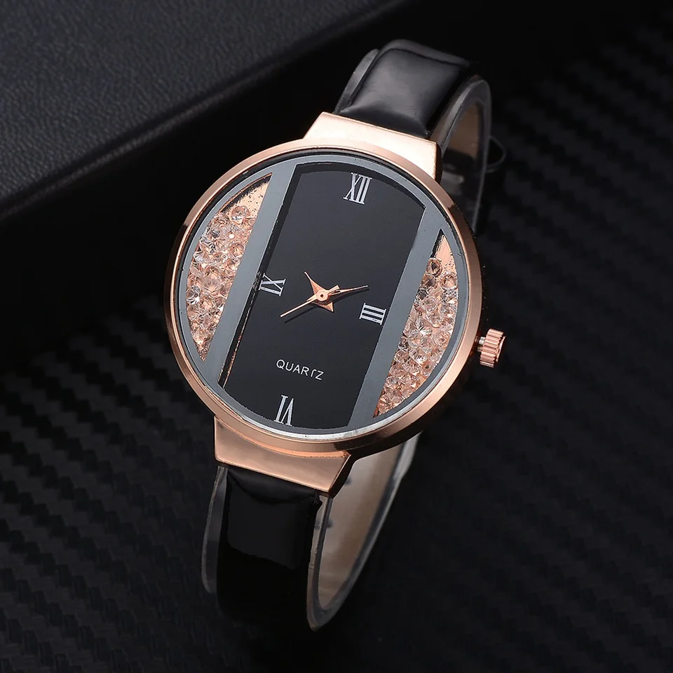 

High Quality Hot Sales Women Rolling Drill Watches Luxury Quicksand Watch Genuine Leather Rhinestone Wristwatches 2018 New