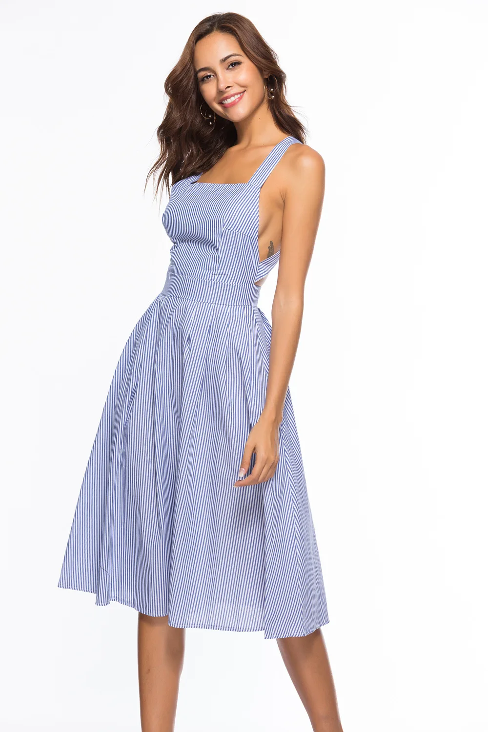 2018 Summer Light Blue Striped Halter Neck Dress Backless  Cross shoulder strap  Sexy striped dress Free Shipping