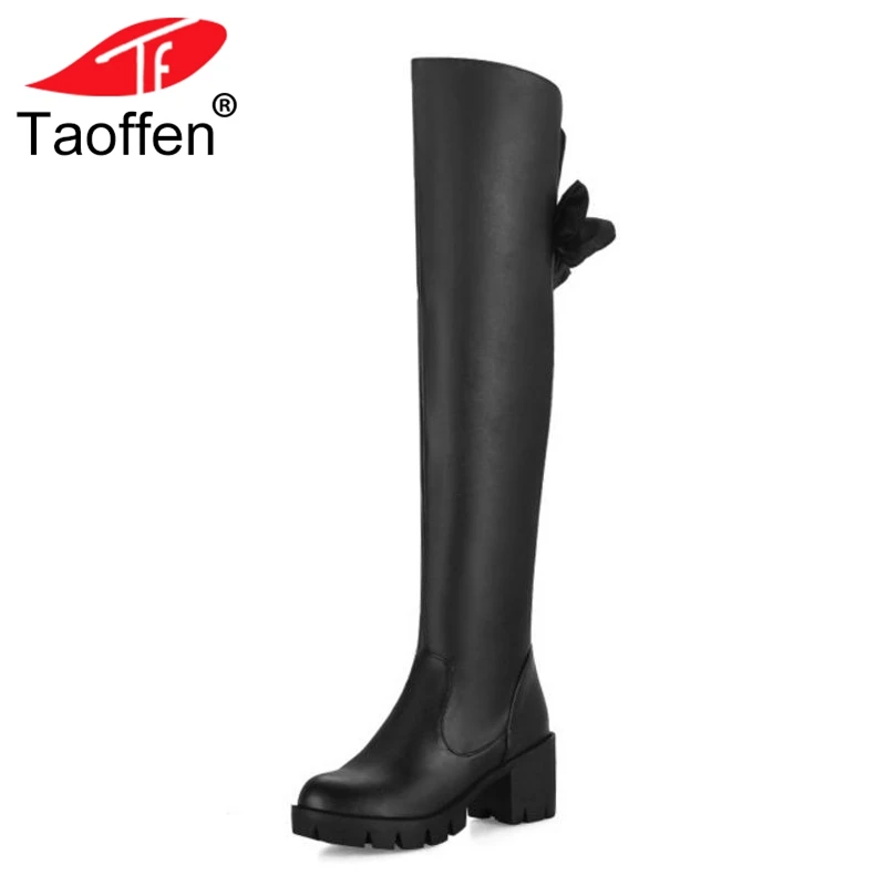 

TAOFFEN Women Thigh High Boots Platform Warm Fur Shoes Woman Bowknot High Heels Boots Fashion Round Toe Shoes Size 33-43