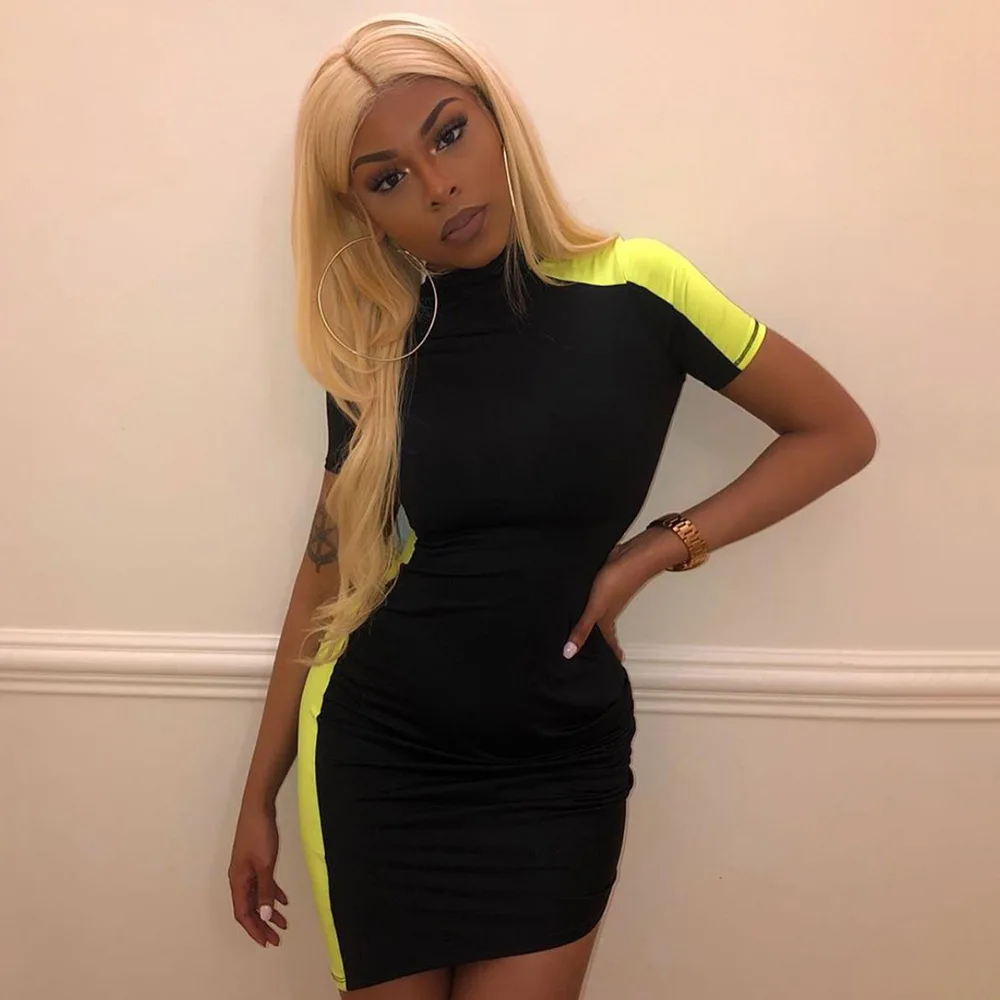

Neon Patchwork Green Short Sleeve Mini Bodycon Dress Sexy Night Club Female Vestidos