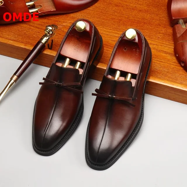 $ OMDE Italian Style Bowknot Formal Shoes Men Loafers High-end Handmade Dress Shoes Business Office Shoes Men's Wedding Shoes