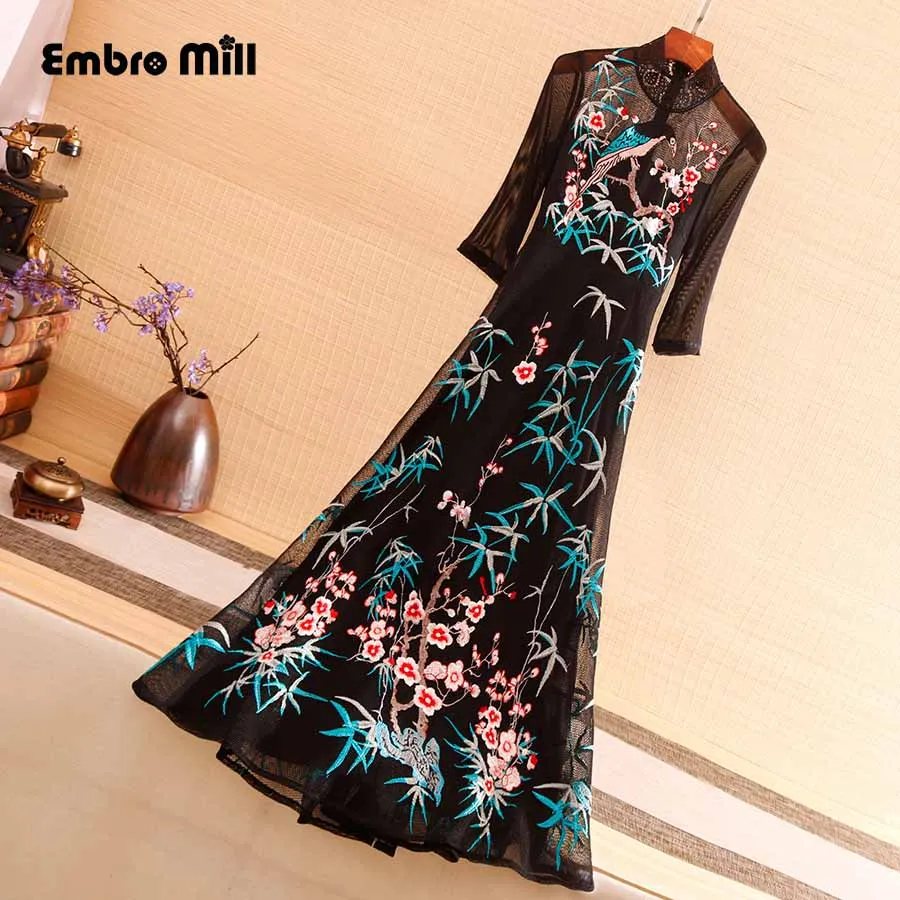 

High-end spring The New tender fashion Mesh V-Neck sleeve women embroidery Floral Lace slim Lady elegant Long A-line dress S-XXL